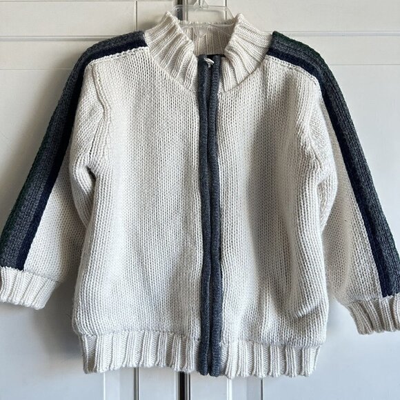 Baby Gap Toddler Boy 3 Wool Blend Zip Cardigan Cream Sweater Blue Green‎ Stripe - Picture 1 of 7